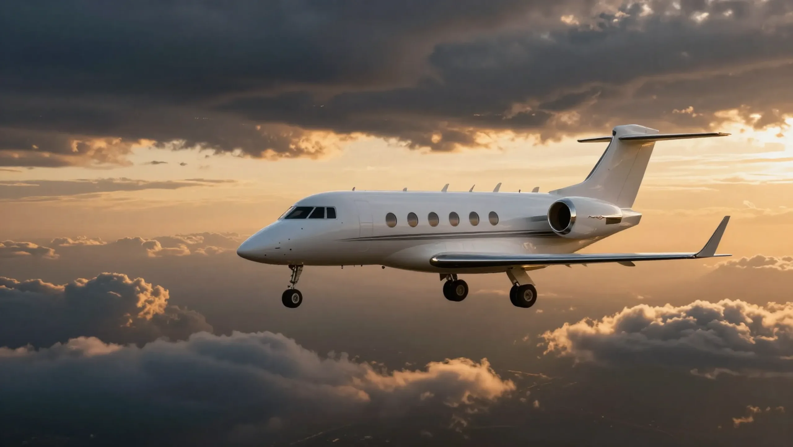 Private jet flying over sunset