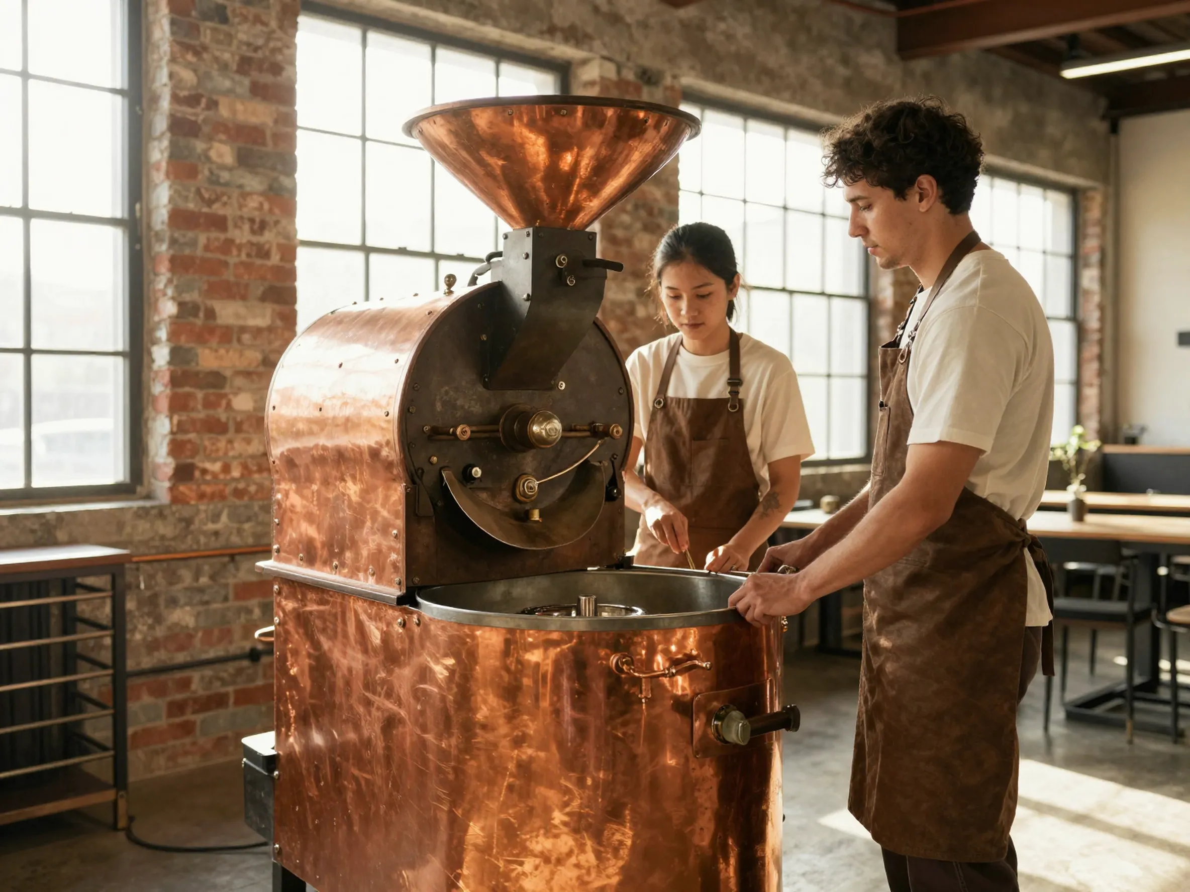 Baristas roasting coffee